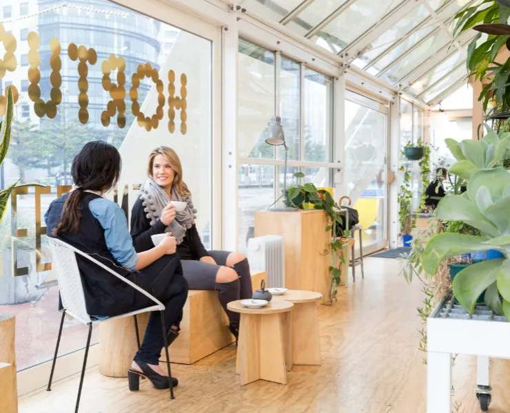 Two women discussing business in a cafe